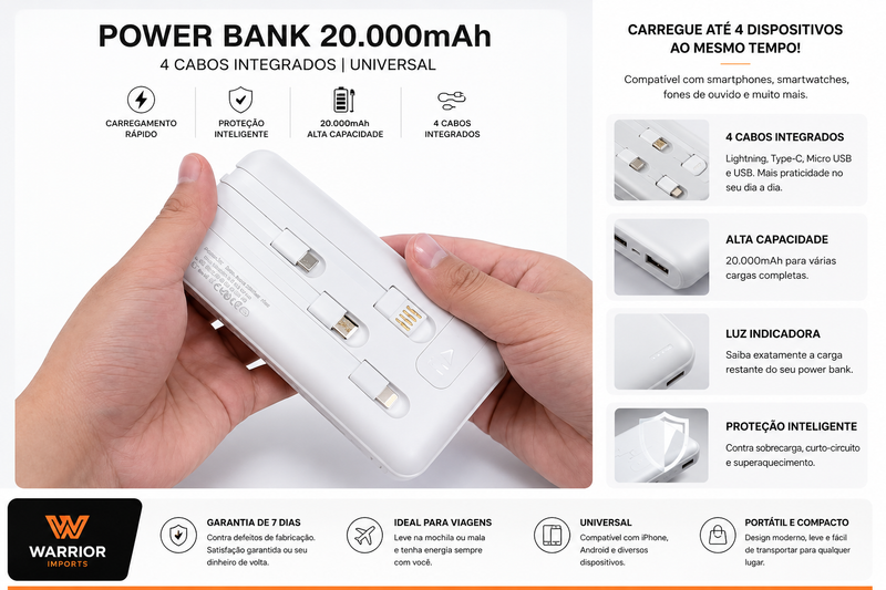 Power Bank Portátil 20.000mAh Universal com 4 Cabos Integrados